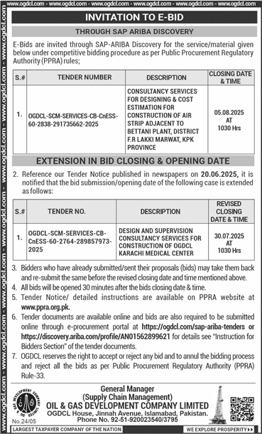 Oil & Gas Development Company Limited Islamabad Tender Notice
